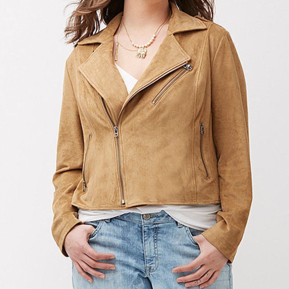 Lane Bryant Size 26/28 Tucson Tan Faux Vegan Suede Stretch‎ Moto Jacket Plus 3X